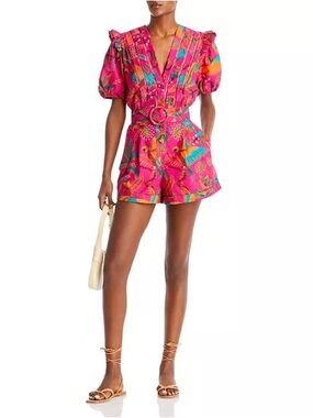 FARM Rio Macaw Belted Puff Sleeve Romper Size M